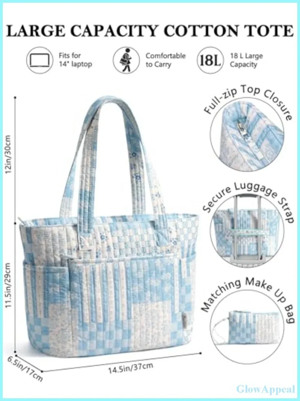 Quilted Cotton Tote Bag for Women Teacher Nurse Laptop Work Tote
